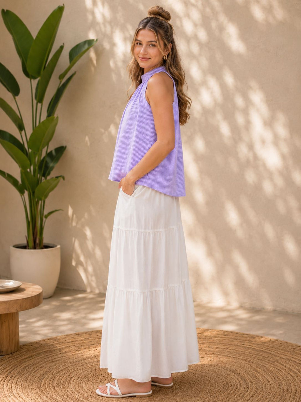 Myshka Womens Purple Solid Sleeveless Pleated Top | Grocsy