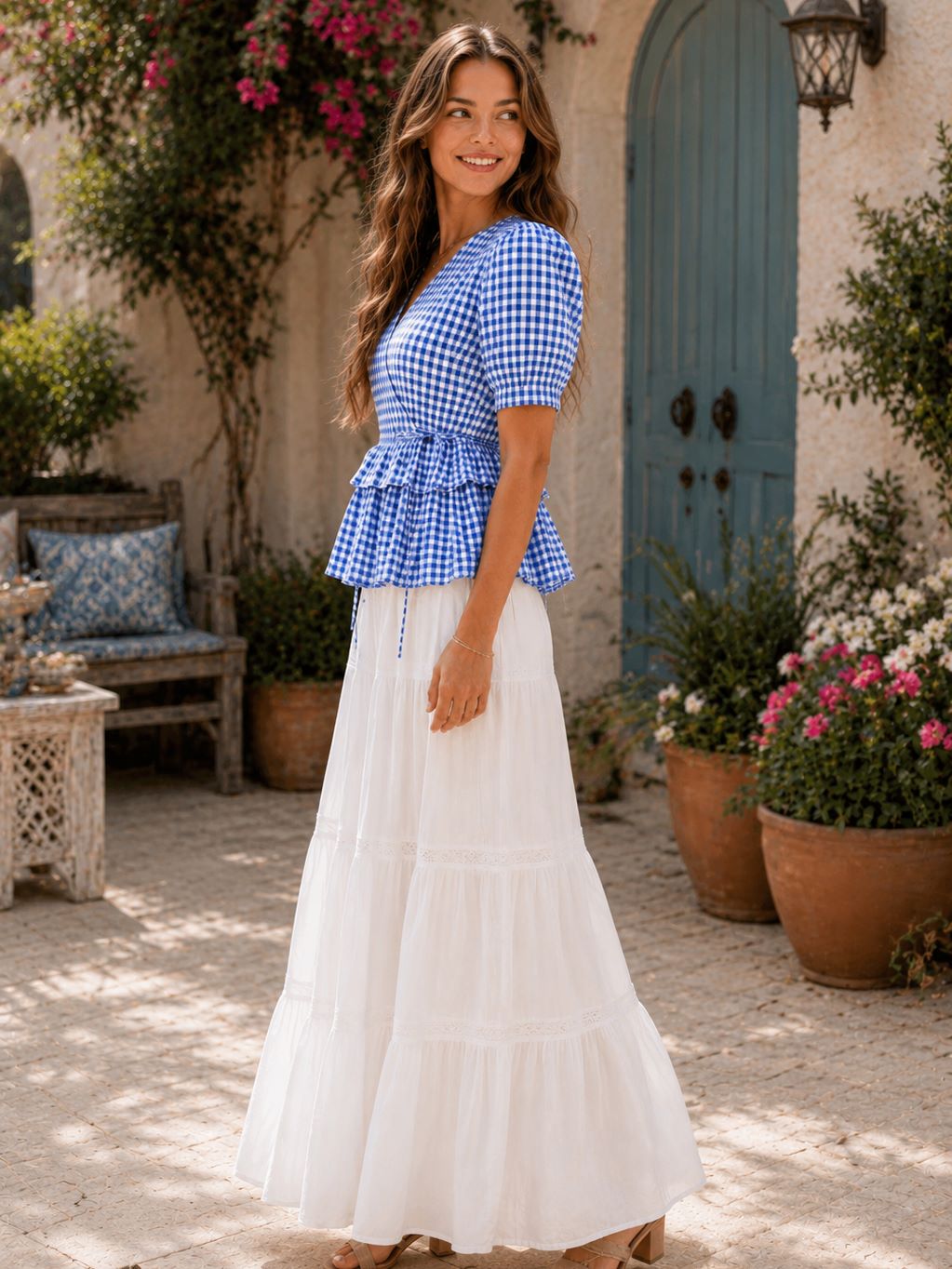Myshka Women's Blue Gingham Checked Wrap Style Peplum Top with Puff Sleeves | Grocsy