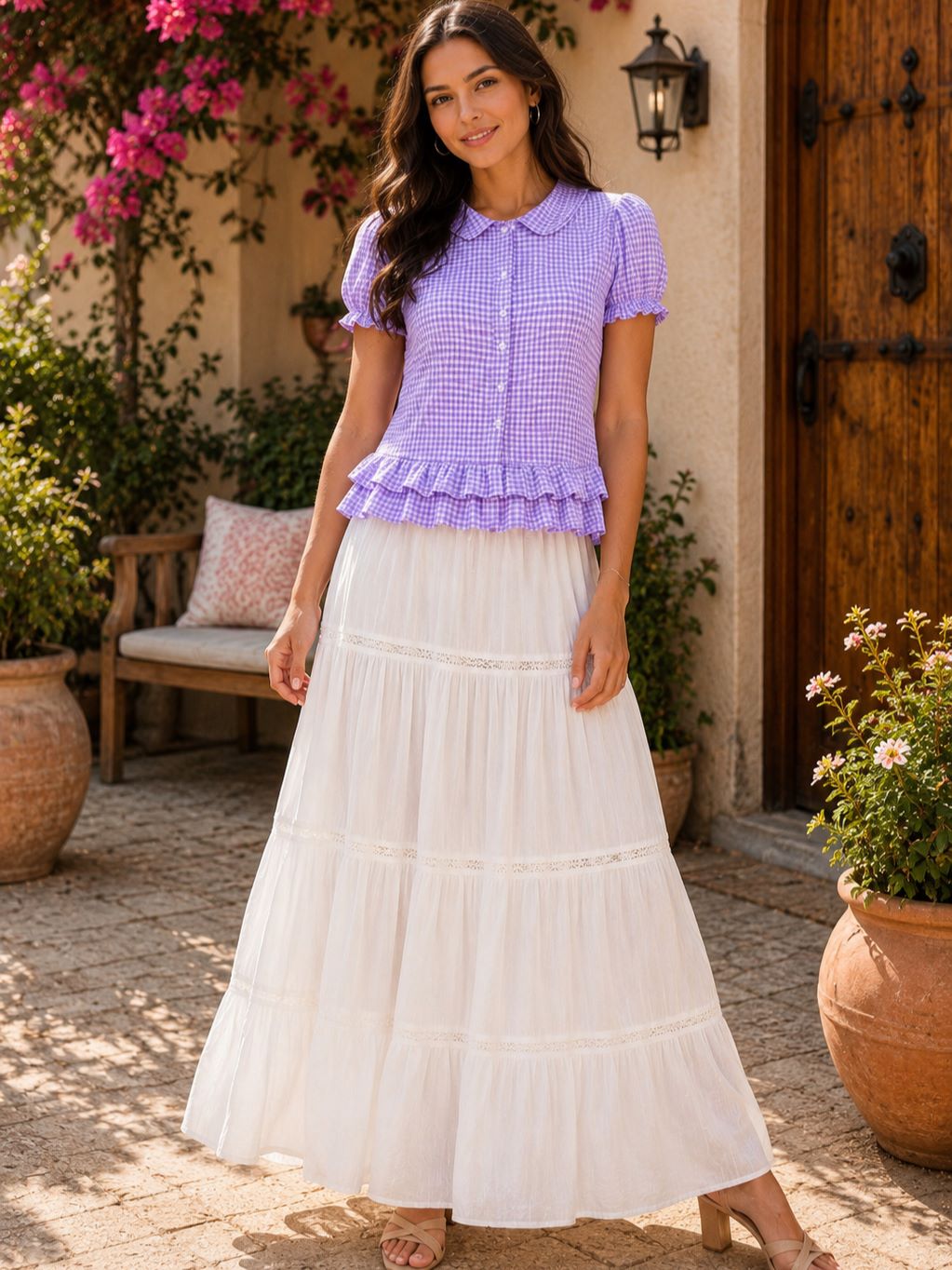 Myshka Women's Purple Gingham Checked Peter Pan Collar Puff Sleeve Peplum Top | Grocsy