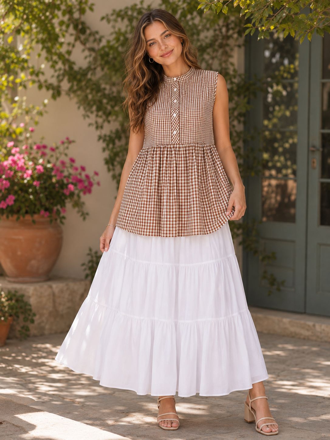Myshka Women's Brown Gingham Checked Sleeveless Cotton Peplum Top with Mandarin Collar | Grocsy