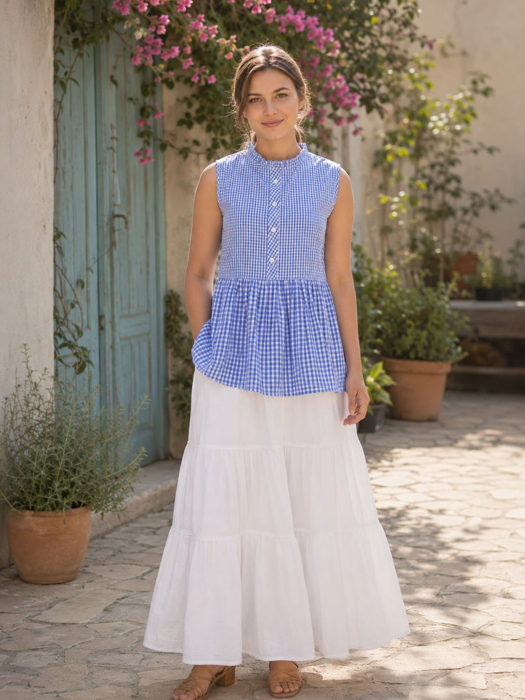 Myshka Women's Blue Gingham Checked Sleeveless Cotton Peplum Top with Mandarin Collar | Grocsy