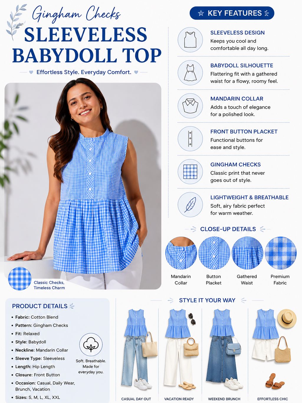 Myshka Women's Blue Gingham Checked Sleeveless Cotton Peplum Top with Mandarin Collar | Grocsy