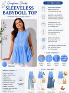 Myshka Women's Blue Gingham Checked Sleeveless Cotton Peplum Top with Mandarin Collar | Grocsy
