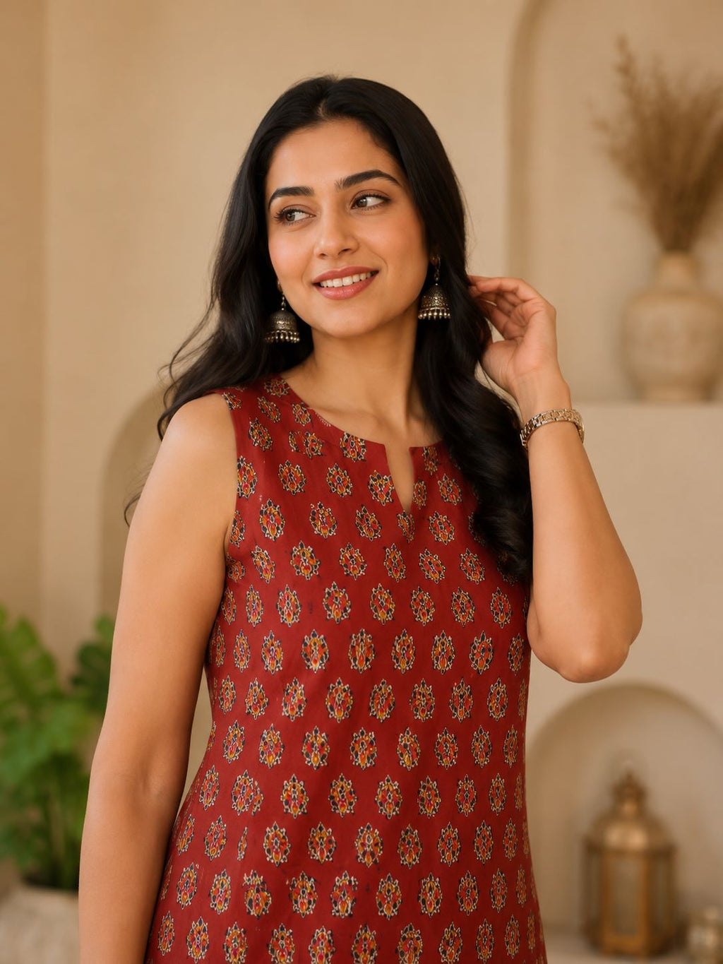 Myshka Women Maroon Printed Sleeveless Cotton Blend Kurta with Solid Farsi Salwar | Grocsy