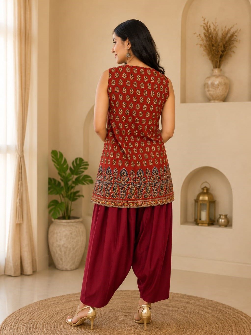 Myshka Women Maroon Printed Sleeveless Cotton Blend Kurta with Solid Farsi Salwar | Grocsy