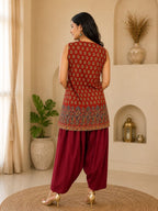 Myshka Women Maroon Printed Sleeveless Cotton Blend Kurta with Solid Farsi Salwar | Grocsy