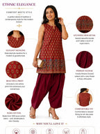 Myshka Women Maroon Printed Sleeveless Cotton Blend Kurta with Solid Farsi Salwar | Grocsy