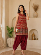 Myshka Women Maroon Printed Sleeveless Cotton Blend Kurta with Solid Farsi Salwar | Grocsy