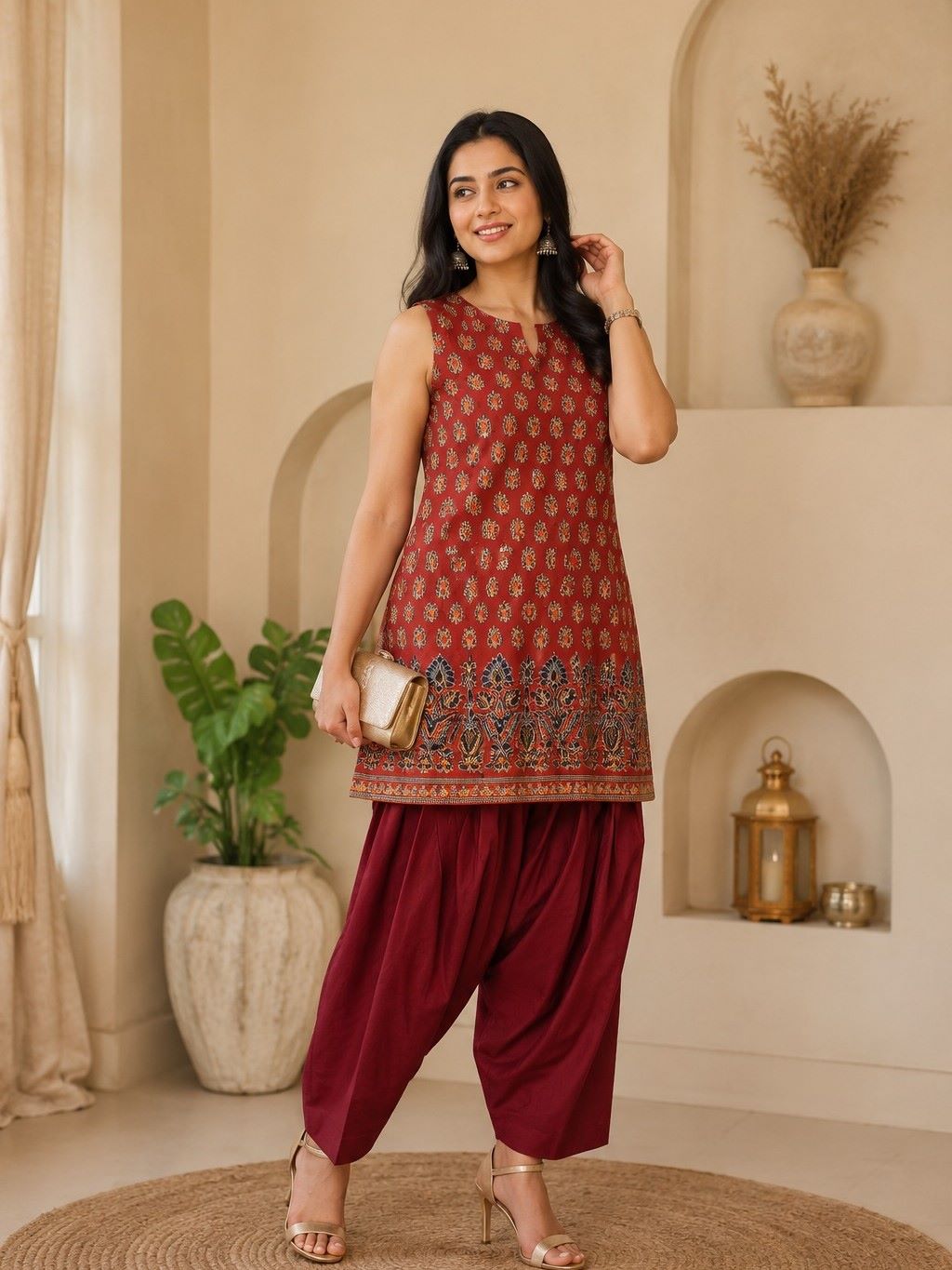 Myshka Women Maroon Printed Sleeveless Cotton Blend Kurta with Solid Farsi Salwar | Grocsy
