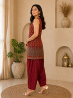 Myshka Women Maroon Printed Sleeveless Cotton Blend Kurta with Solid Farsi Salwar | Grocsy