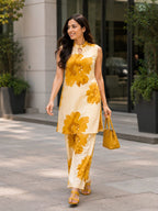 Myshka Women Printed Cotton Blend Sleeveless Kurta & Wide Leg Palazzo Kurta Set | Grocsy