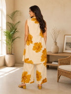 Myshka Women Printed Cotton Blend Sleeveless Kurta & Wide Leg Palazzo Kurta Set | Grocsy