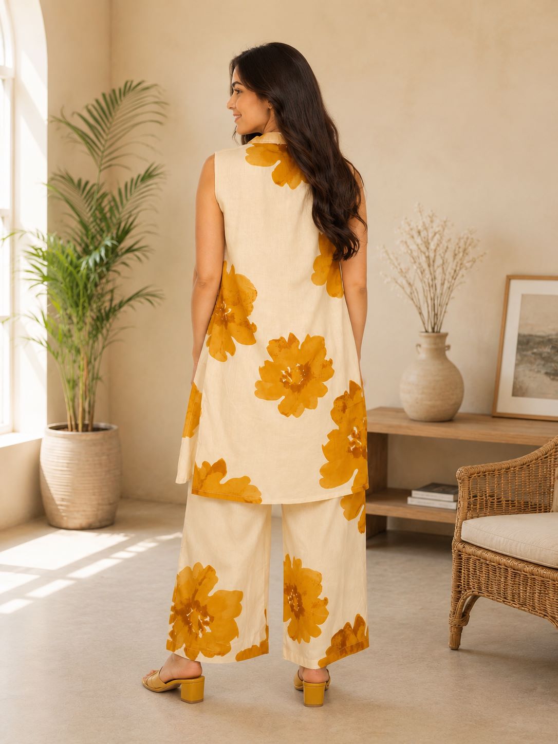Myshka Women Printed Cotton Blend Sleeveless Kurta & Wide Leg Palazzo Kurta Set | Grocsy