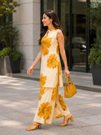 Myshka Women Printed Cotton Blend Sleeveless Kurta & Wide Leg Palazzo Kurta Set | Grocsy