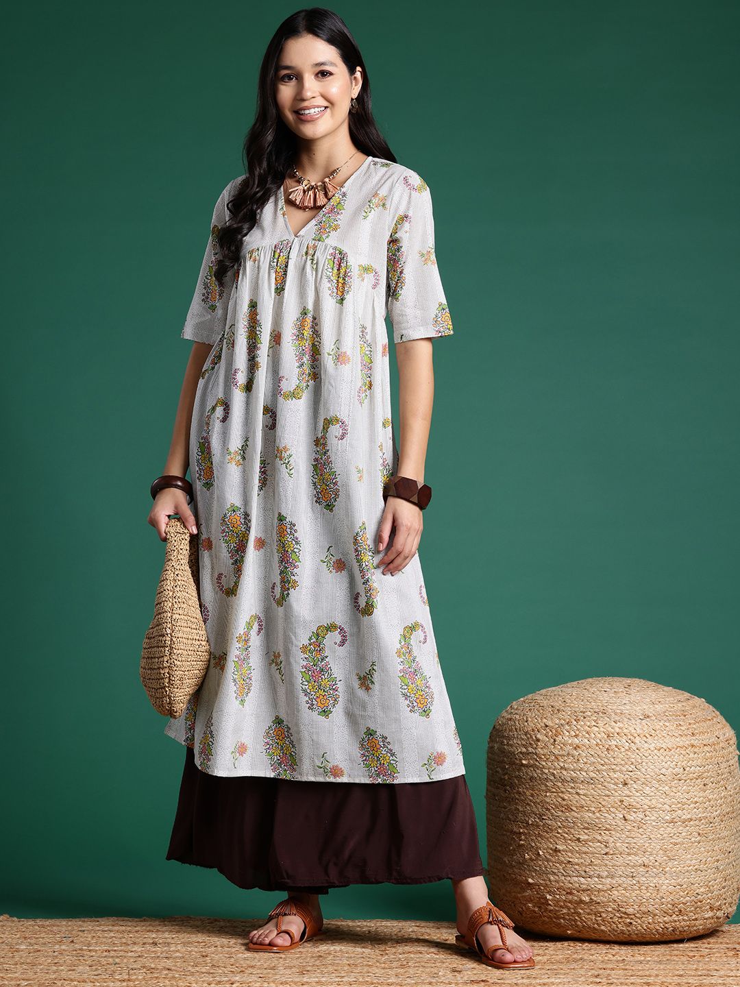 Sangria Floral Print Pleated Empire Kurta | Grocsy