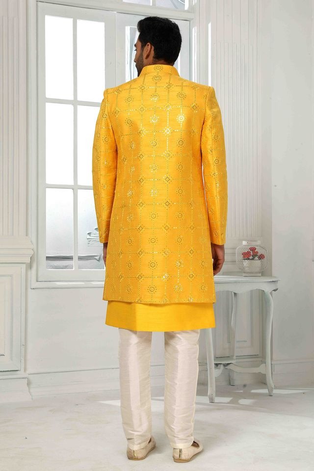 Raivat Ethnic Art Silk Embroidery Work 3 Pcs Indo Jacket Set In Yellow Colour | Grocsy