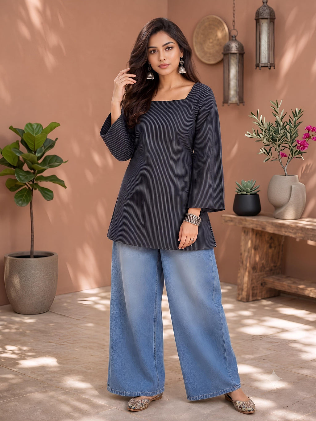 Myshka Women Black Long Bell Sleeves Self Woven Desgin Cotton Blend Solid Kurti | Grocsy