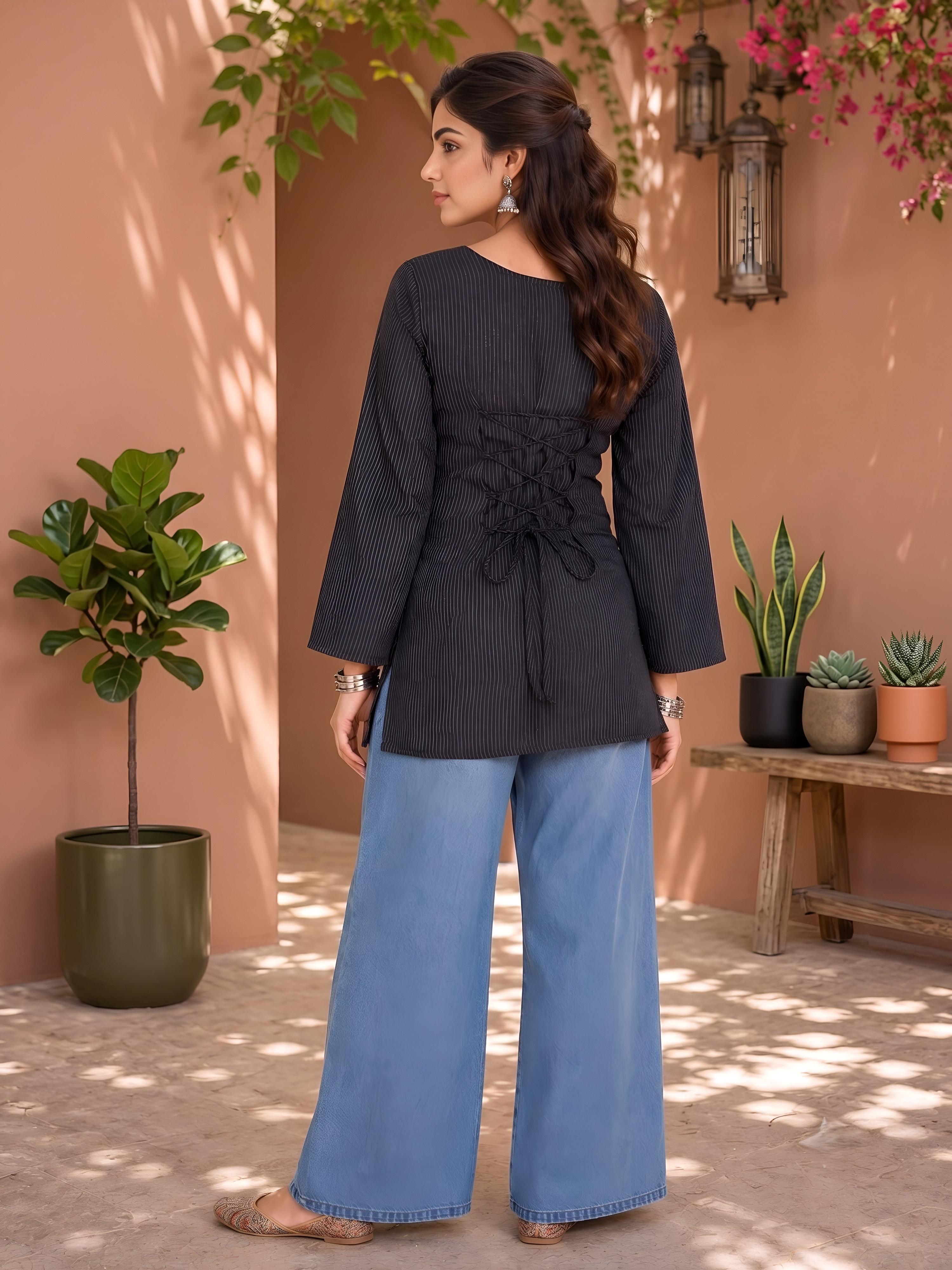 Myshka Women Black Long Bell Sleeves Self Woven Desgin Cotton Blend Solid Kurti | Grocsy