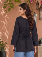 Myshka Women Black Long Bell Sleeves Self Woven Desgin Cotton Blend Solid Kurti | Grocsy