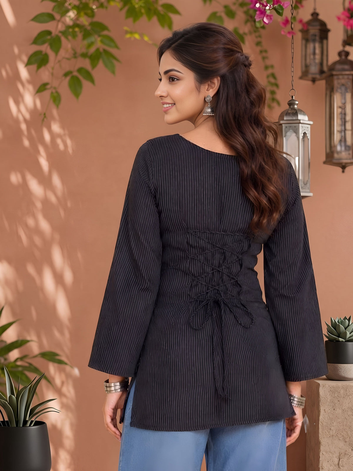 Myshka Women Black Long Bell Sleeves Self Woven Desgin Cotton Blend Solid Kurti | Grocsy