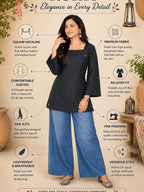 Myshka Women Black Long Bell Sleeves Self Woven Desgin Cotton Blend Solid Kurti | Grocsy