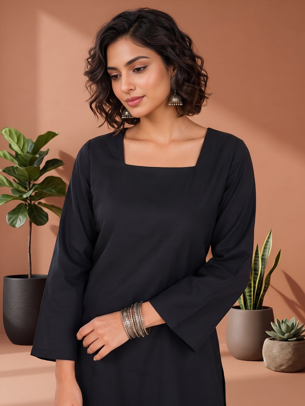 Myshka Women Black Long Bell Sleeves Cotton Blend Solid Kurti | Grocsy