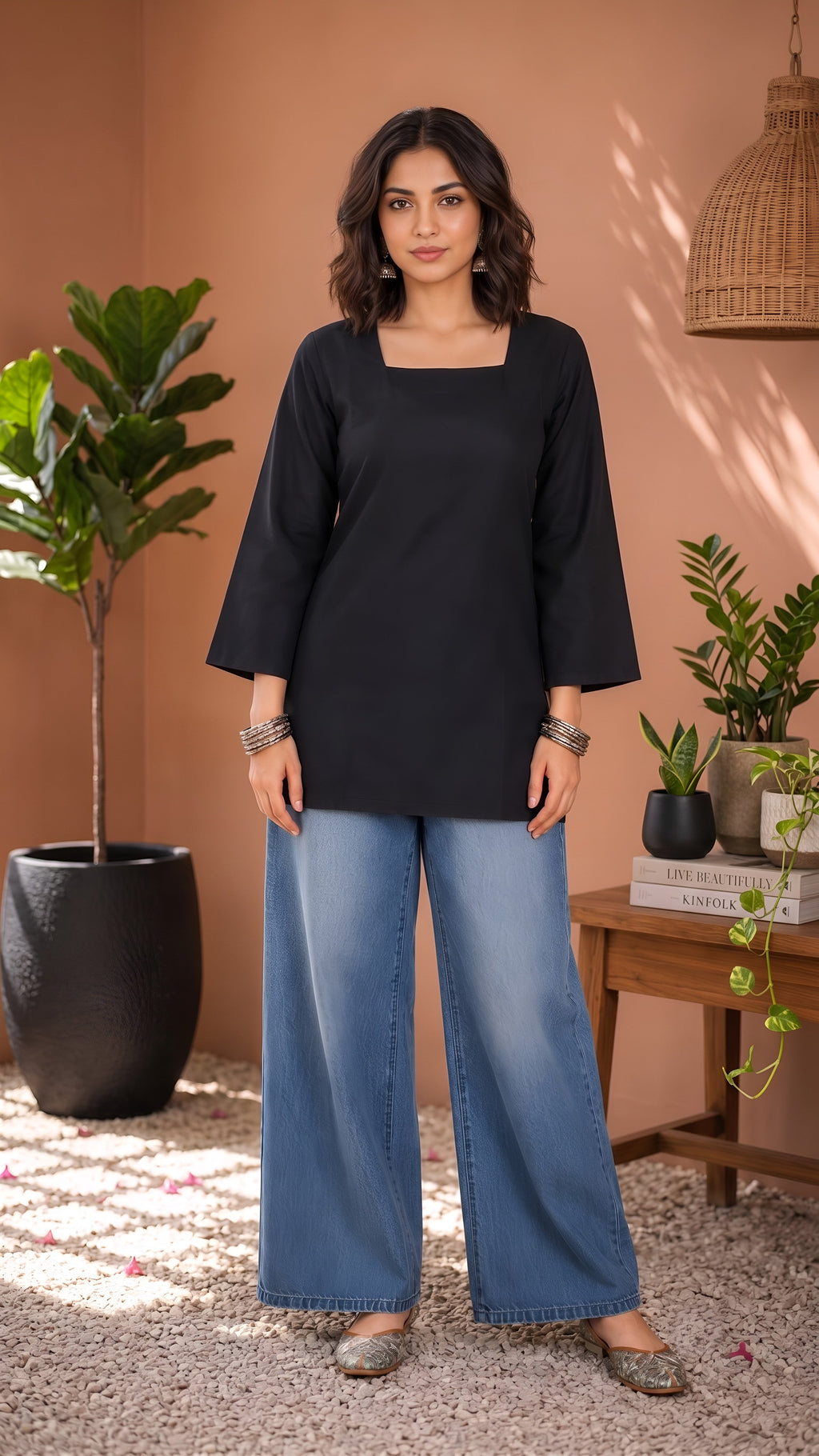Myshka Women Black Long Bell Sleeves Cotton Blend Solid Kurti | Grocsy