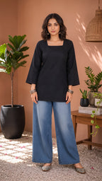 Myshka Women Black Long Bell Sleeves Cotton Blend Solid Kurti | Grocsy