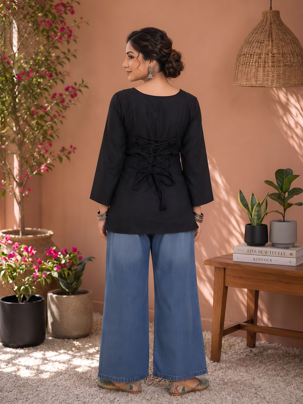 Myshka Women Black Long Bell Sleeves Cotton Blend Solid Kurti | Grocsy