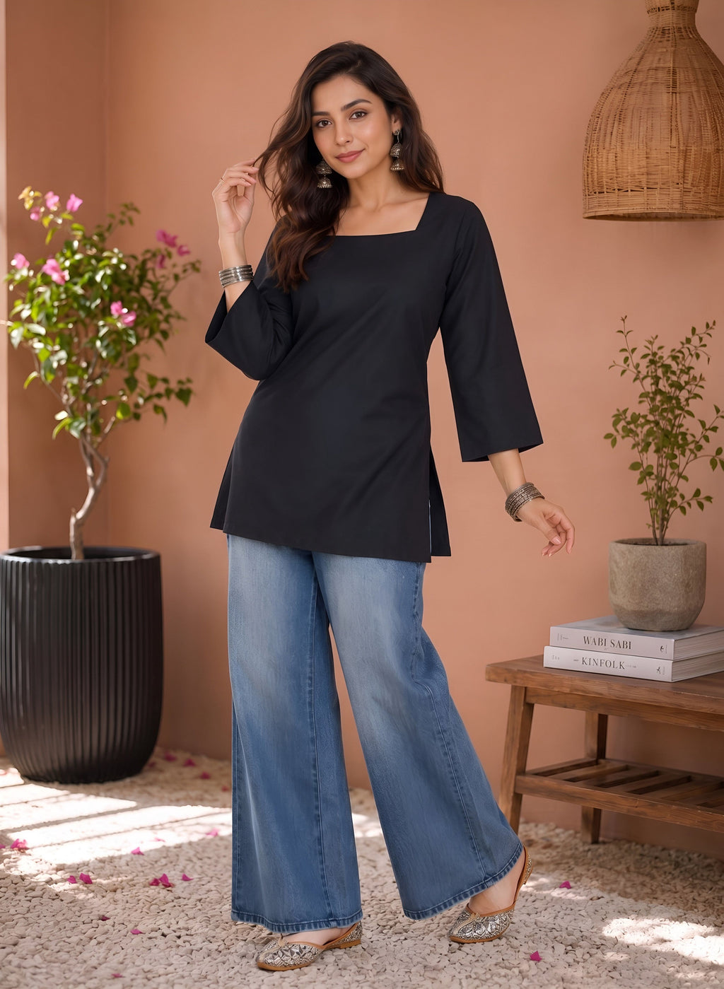 Myshka Women Black Long Bell Sleeves Cotton Blend Solid Kurti | Grocsy