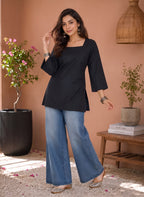 Myshka Women Black Long Bell Sleeves Cotton Blend Solid Kurti | Grocsy