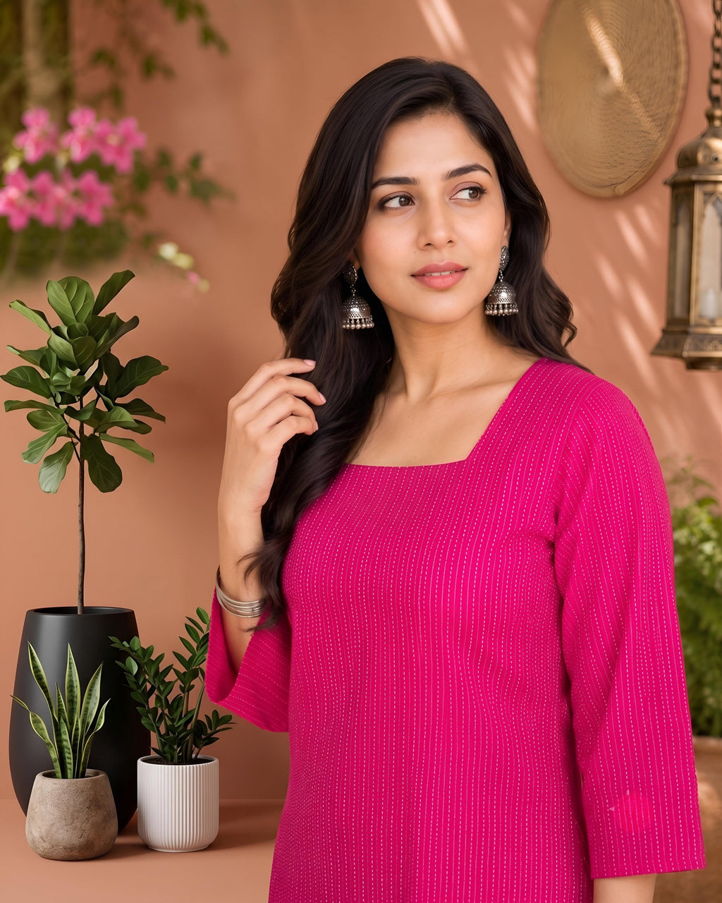 Myshka Women Pink Long Bell Sleeves Self Woven Desgin Cotton Blend Solid Kurti | Grocsy