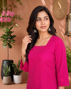Myshka Women Pink Long Bell Sleeves Self Woven Desgin Cotton Blend Solid Kurti | Grocsy