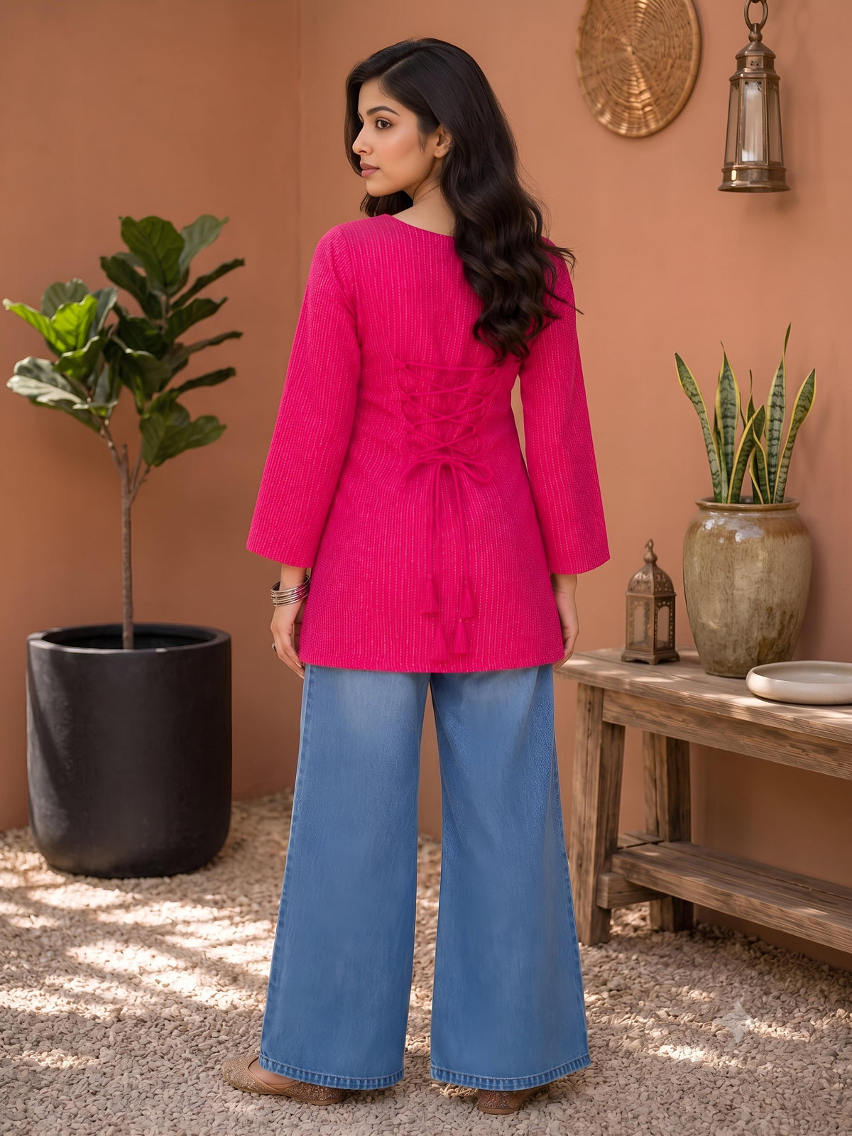 Myshka Women Pink Long Bell Sleeves Self Woven Desgin Cotton Blend Solid Kurti | Grocsy