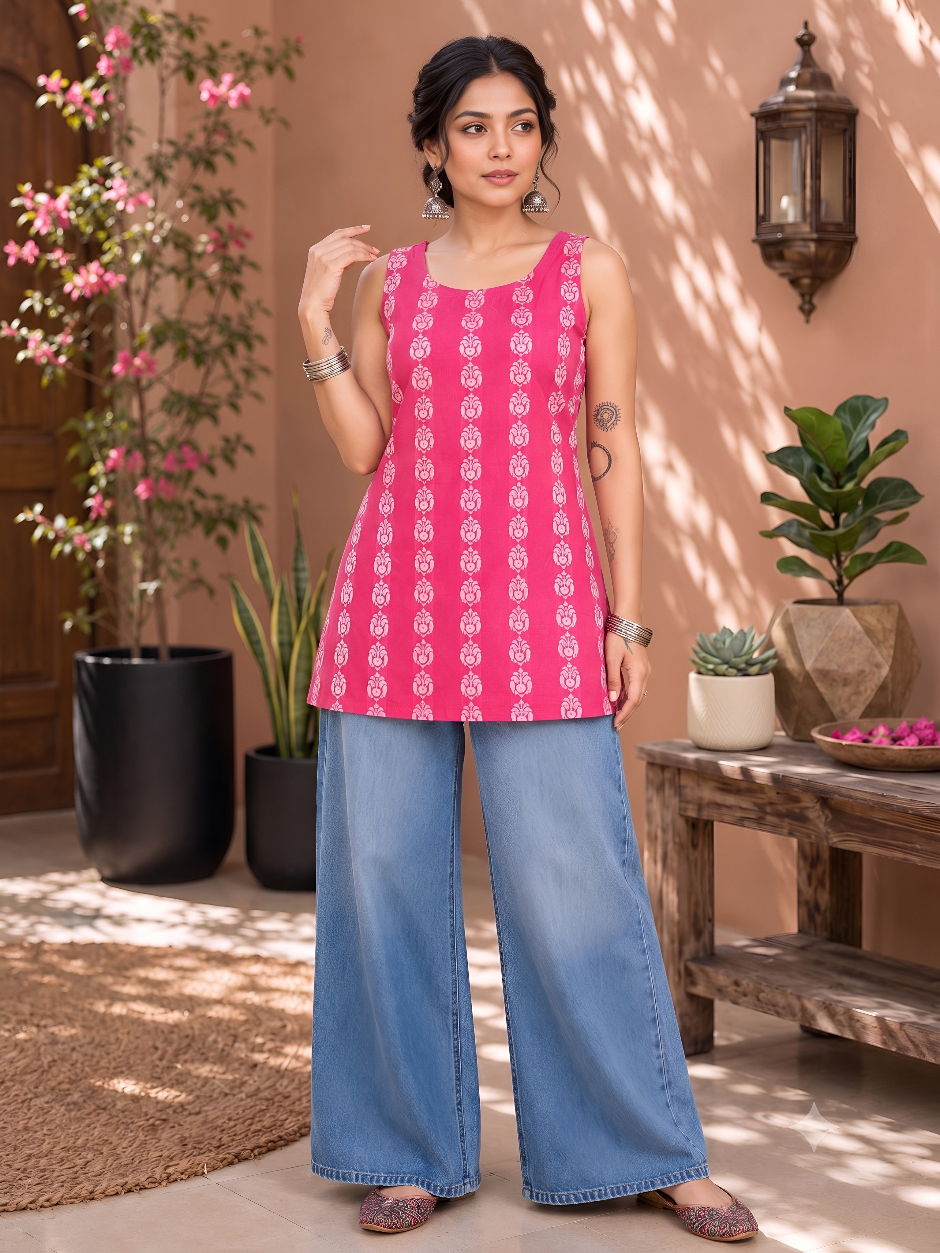 Myshka Women Pink Sleeveless Self Woven Desgin Cotton Blend Solid Kurti | Grocsy