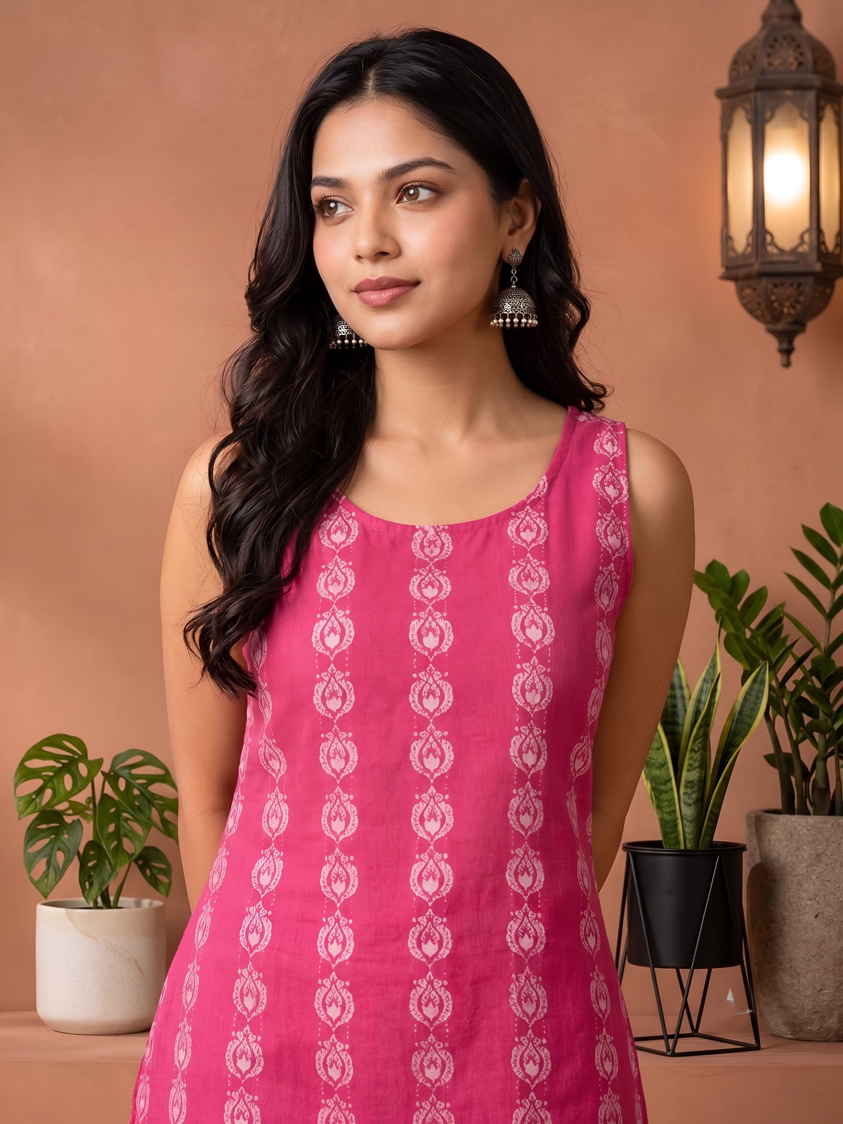 Myshka Women Pink Sleeveless Self Woven Desgin Cotton Blend Solid Kurti | Grocsy