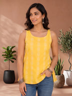 Myshka Women Yellow Sleeveless Self Woven Desgin Cotton Blend Solid Kurti | Grocsy