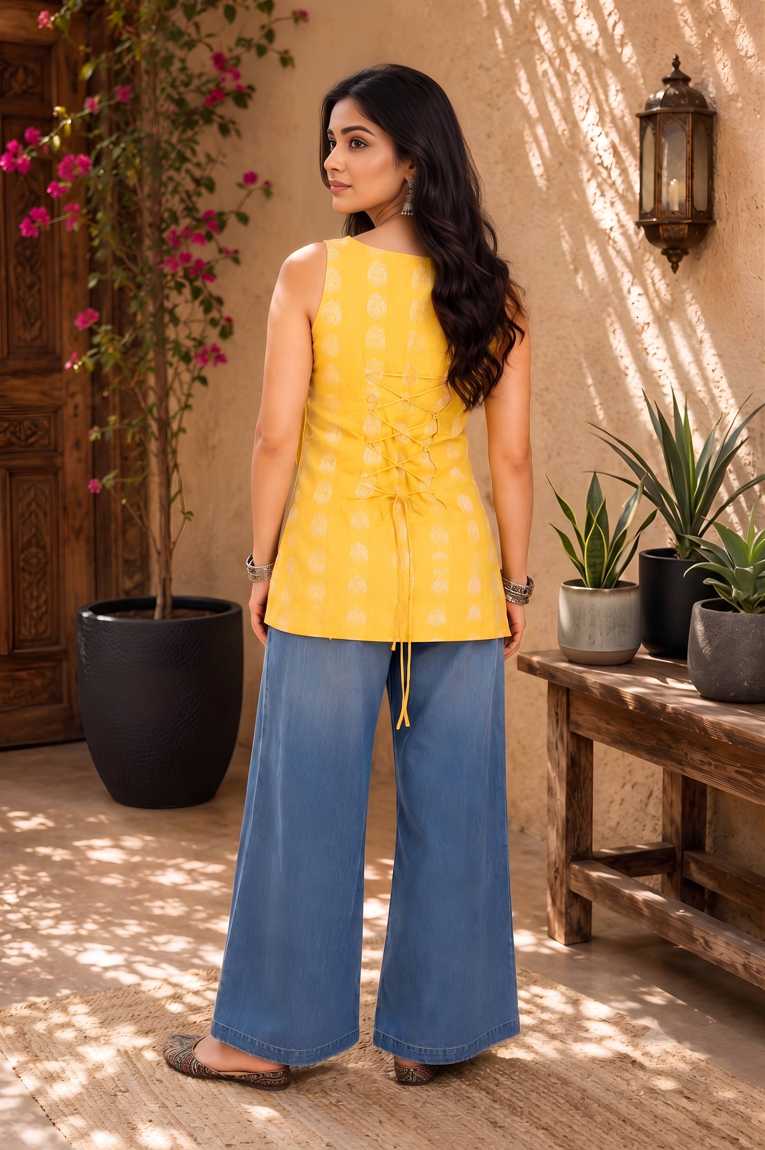 Myshka Women Yellow Sleeveless Self Woven Desgin Cotton Blend Solid Kurti | Grocsy