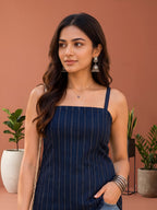 Myshka Women Navy Blue Shoulder Straps Self Woven Desgin Cotton Blend Solid Kurti | Grocsy