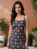 Myshka Women Blue Shoulder Straps Printed Cotton Blend Solid Kurti | Grocsy