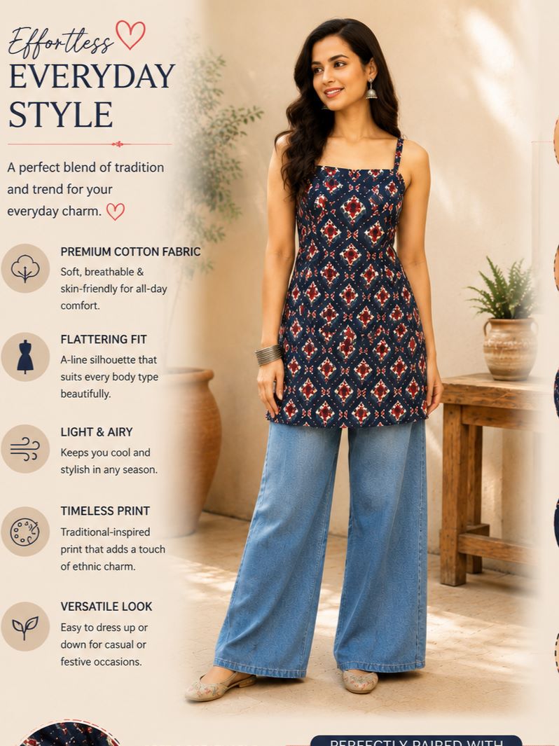 Myshka Women Blue Shoulder Straps Printed Cotton Blend Solid Kurti | Grocsy