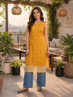 Myshka Women Mustard Sleeveless Cotton Blend Embroidered Kurti | Grocsy