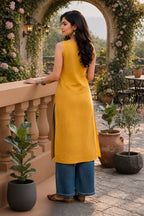 Myshka Women Mustard Sleeveless Cotton Blend Embroidered Kurti | Grocsy