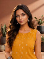 Myshka Women Mustard Sleeveless Cotton Blend Embroidered Kurti | Grocsy