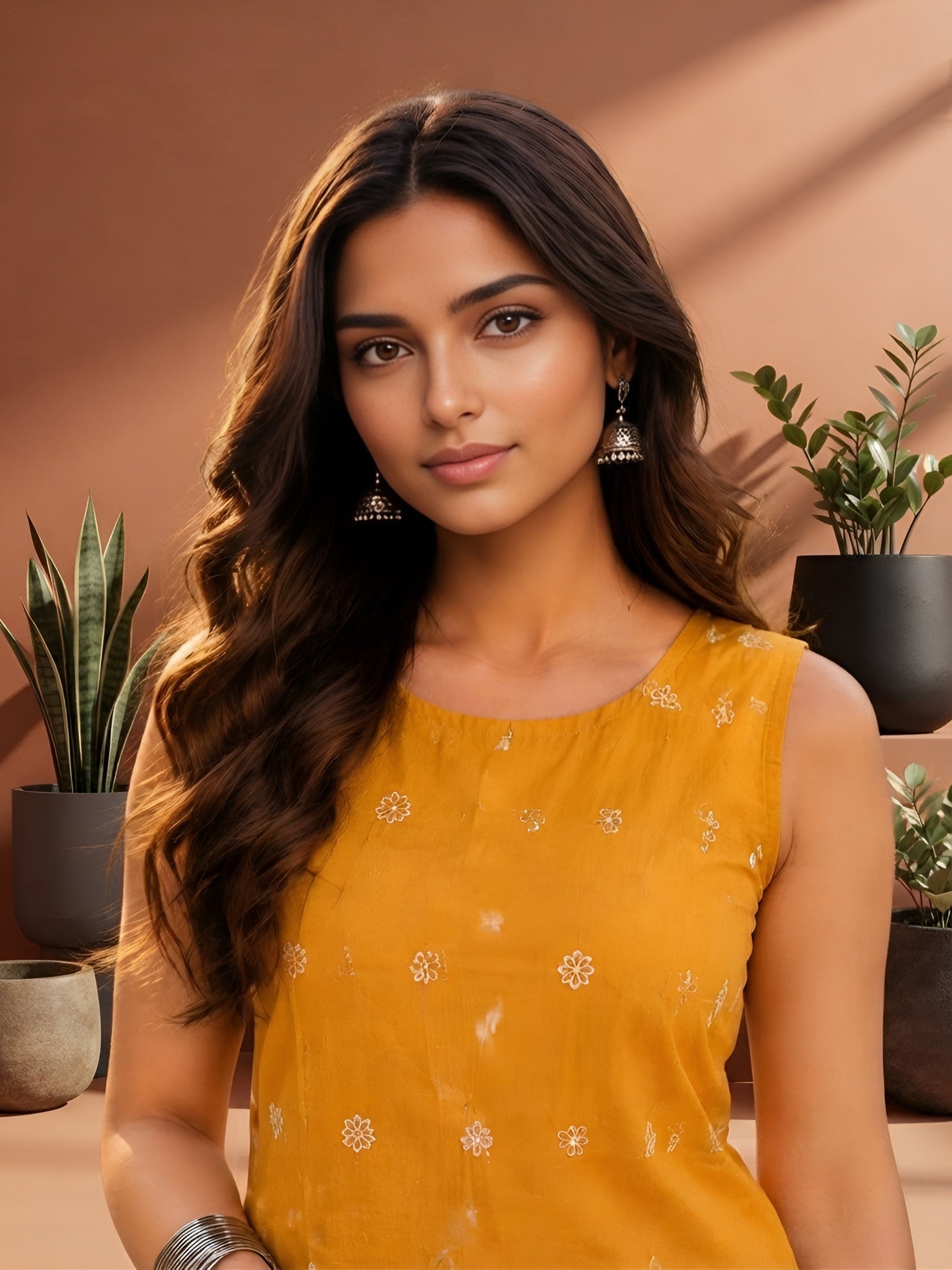 Myshka Women Mustard Sleeveless Cotton Blend Embroidered Kurti | Grocsy