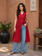 Myshka Women Red Sleeveless Ikkat Printed Cotton Blend Embroiderd Kurti | Grocsy