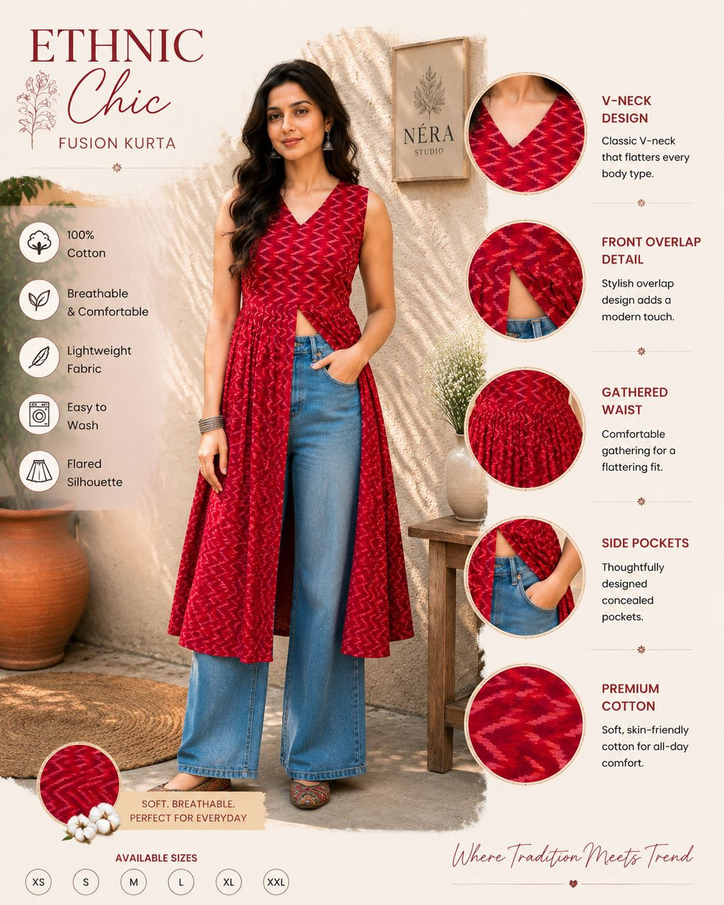 Myshka Women Red Sleeveless Ikkat Printed Cotton Blend Embroiderd Kurti | Grocsy