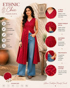 Myshka Women Red Sleeveless Ikkat Printed Cotton Blend Embroiderd Kurti | Grocsy
