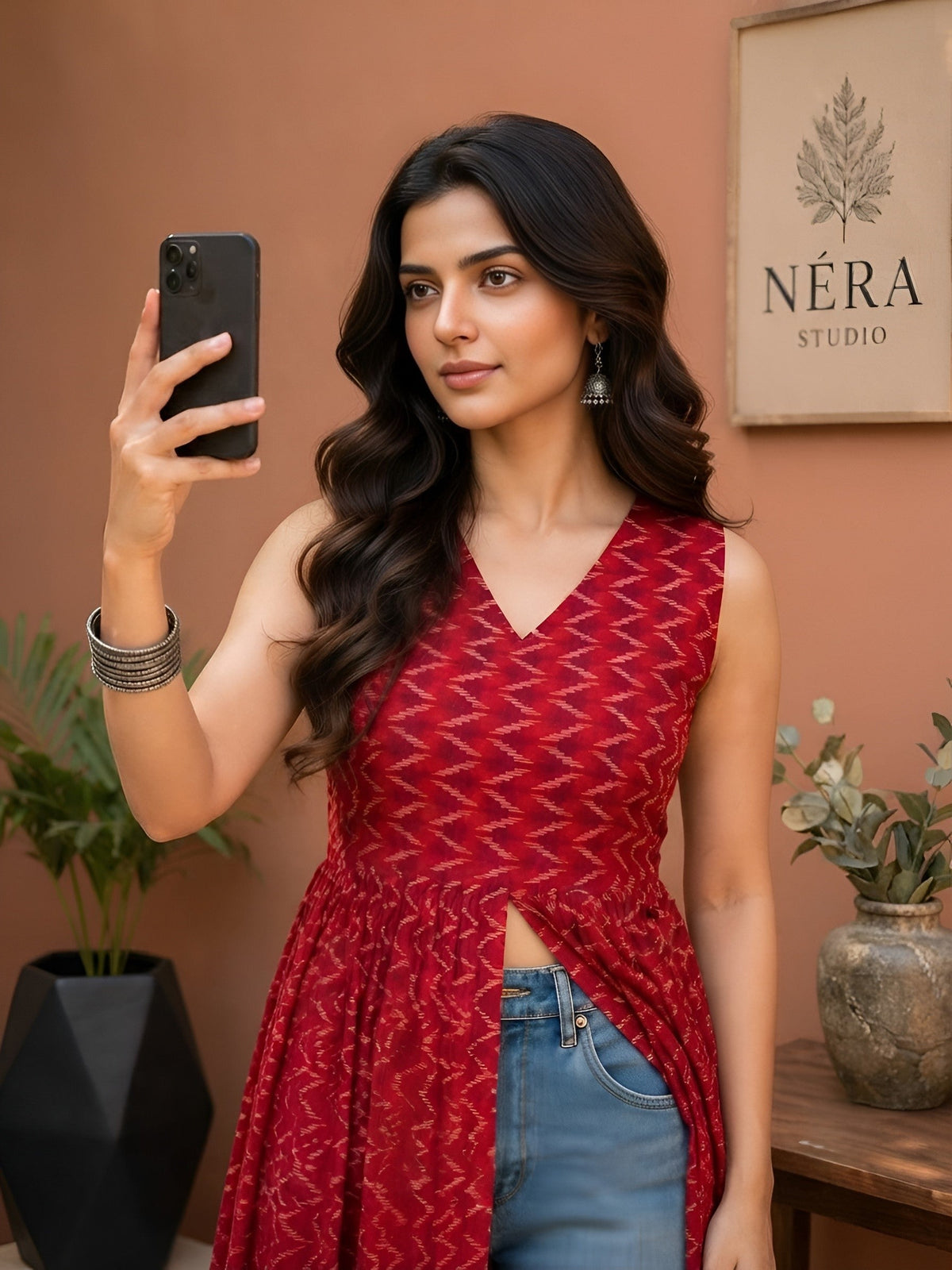 Myshka Women Red Sleeveless Ikkat Printed Cotton Blend Embroiderd Kurti | Grocsy