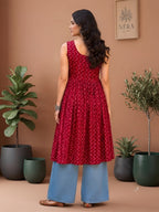 Myshka Women Red Sleeveless Ikkat Printed Cotton Blend Embroiderd Kurti | Grocsy